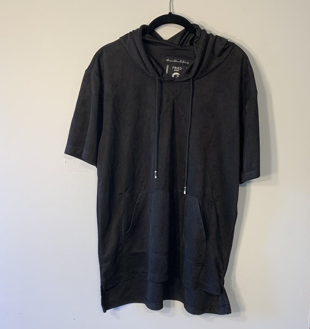 Fried Denim Short Sleeve Hoodie Medium Microsuede Black Kangaroo Pocket